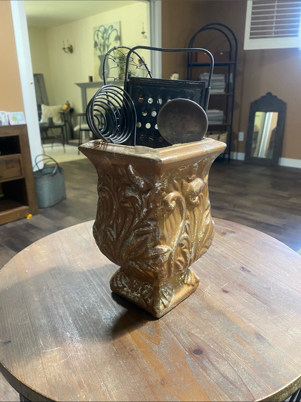 Decorative Gold Leaf Embossed Accent Vase - Brand with vintage utensils